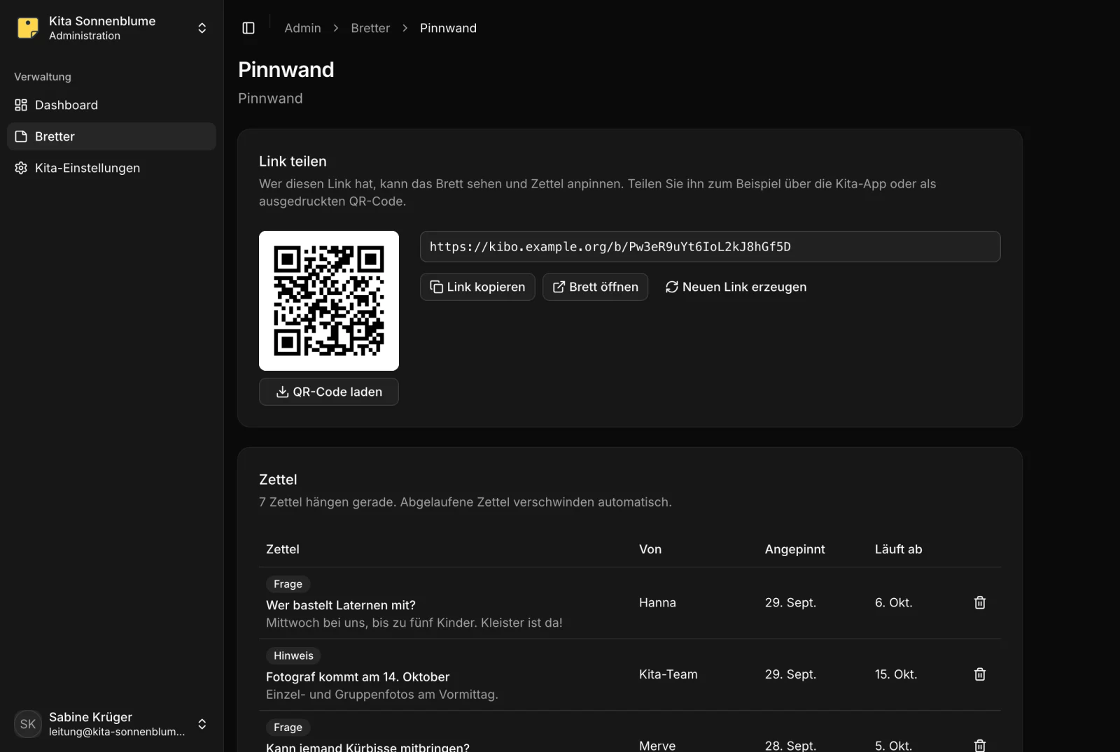 Admin-Bereich: ein Brett mit QR-Code, Link zum Teilen und der Liste seiner Zettel