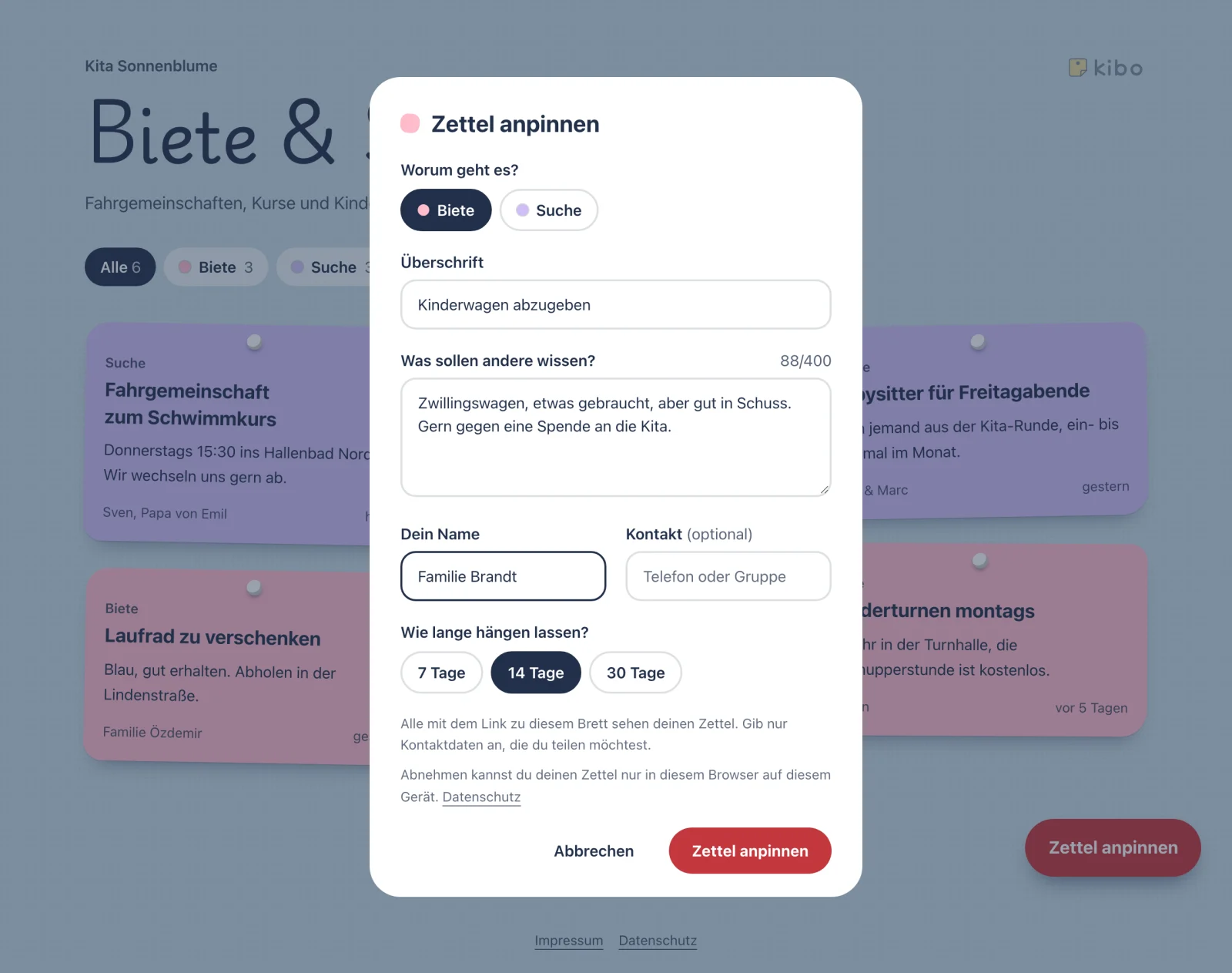 Dialog „Zettel anpinnen“ mit Kategorie, Überschrift, Text, Name und Laufzeit